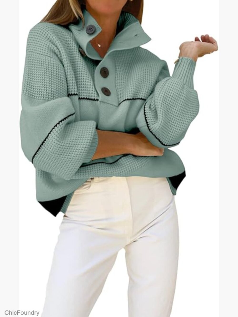 Waffle Knit Polo Collar Pullover Sweater Long Sleeve Striped Tops